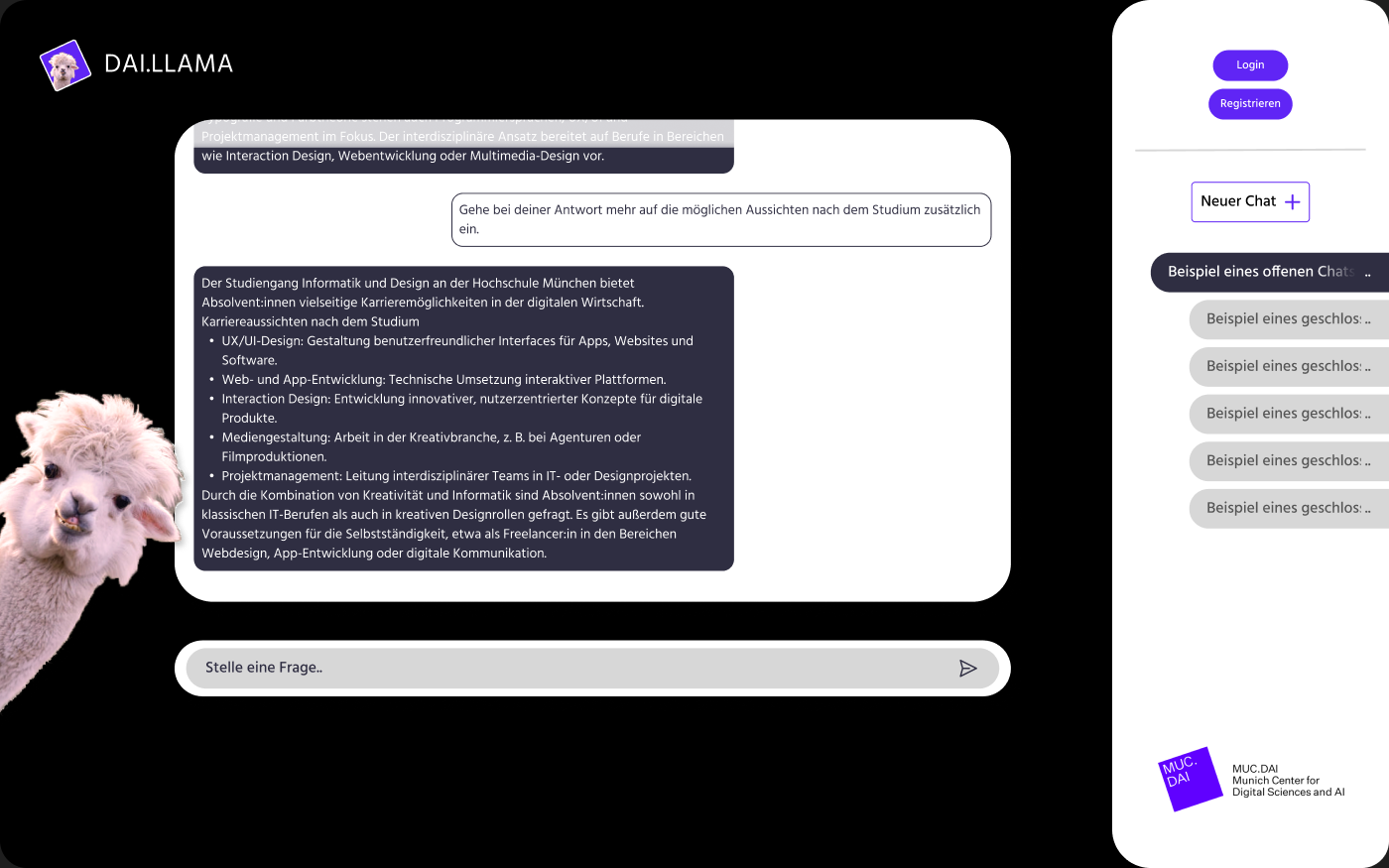 DAI.LLAMA chatbot: conversation screen with sample answer