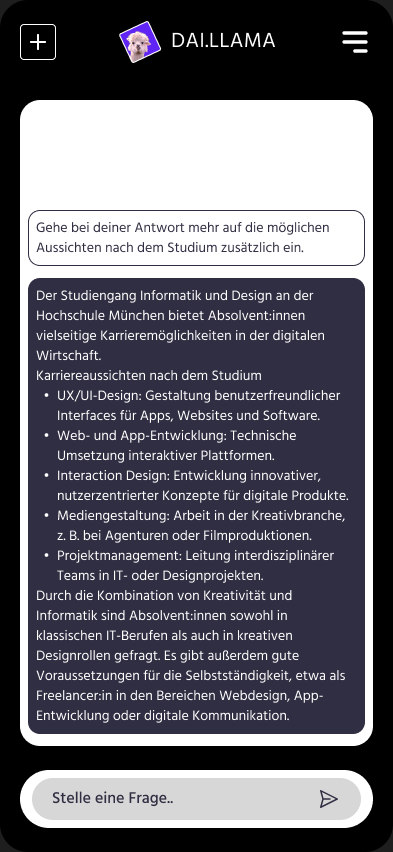 DAI.LLAMA chatbot: mobile view