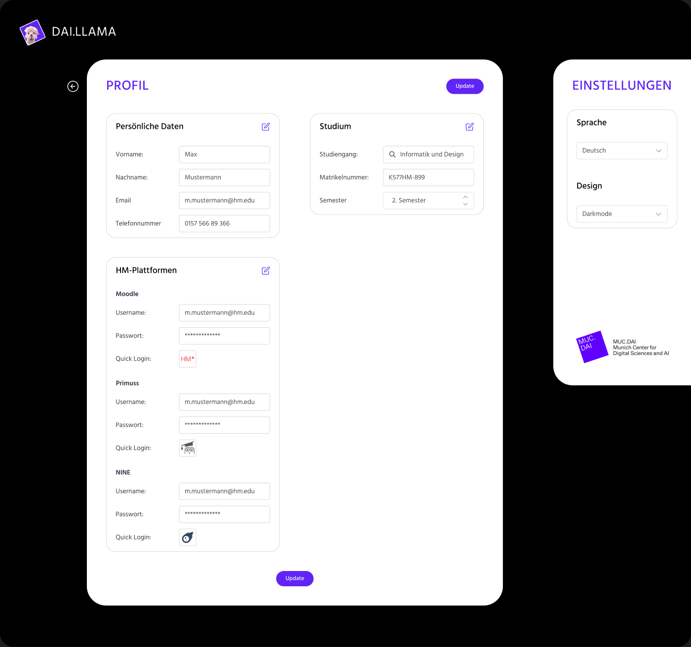 DAI.LLAMA chatbot: student profile screen